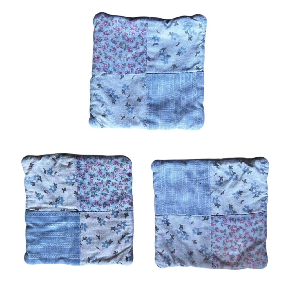 Floral Patchwork Quilted Coasters Set Of 3 Handmade blue white Pink VTG